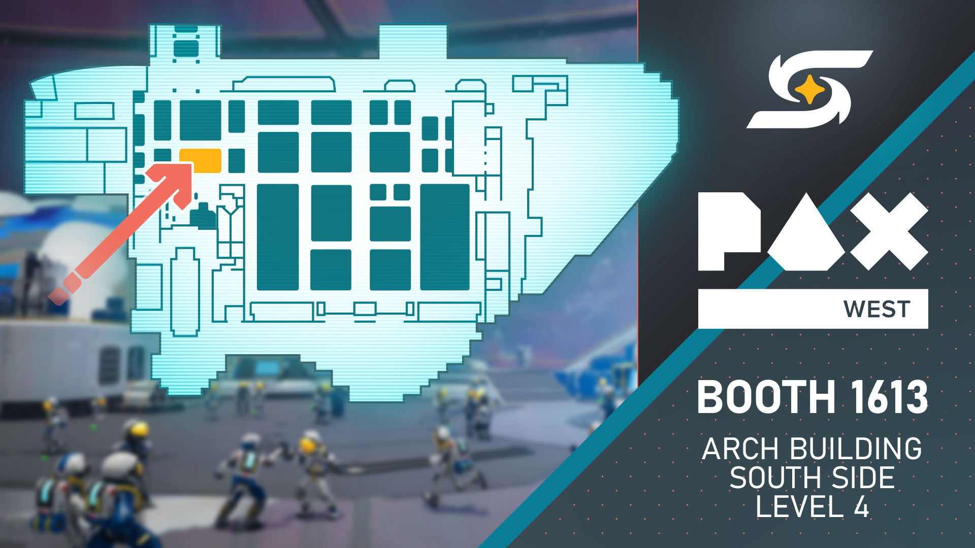 PAX West map of System Era Softworks booth. Booth 1613, Arch Building, South Side, Level 4.